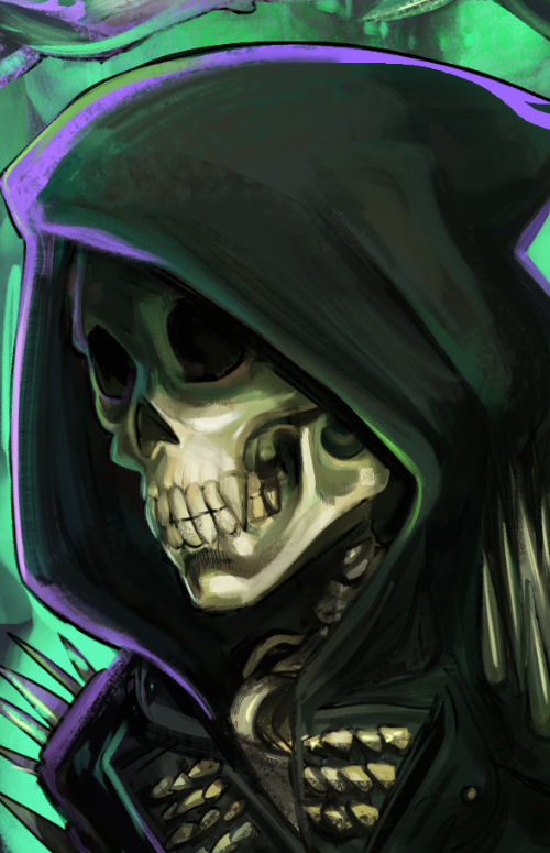 A portrait of Bones, a skeleton in a black hoodie with spiked shoulders, against a glowing green background.